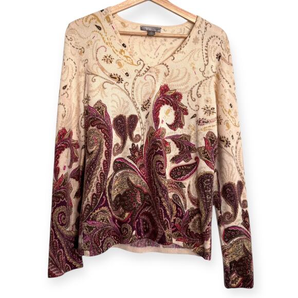Charter Club 100% Cashmere 2 Ply Paisley Print V Neck Sweater Women's Size M - Picture 1 of 9